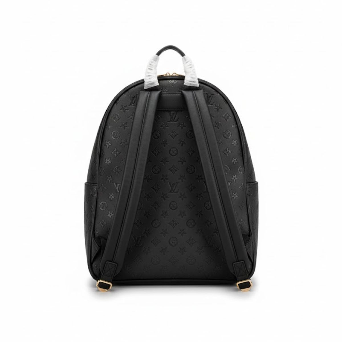 Luxury Black Leather Backpack with Embossed Monogram Pattern